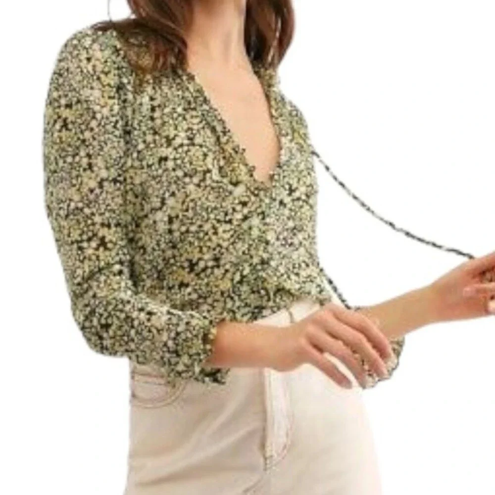 Free People Lela Blouse Floral Black & Green Flowy Boho Tie Neck Top Size Medium